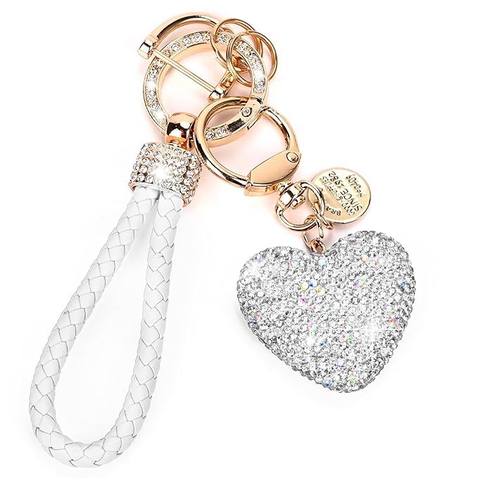 ZORBES® Glittering Heart Charm Keyring Rhinestone Embellishment Alloy Car Keyring Fashion Women Keyring with D-clip & Wriststrap, Multi Use Bag Charm Backpack Charm, Gift for Women, White ZORBES® Glittering Heart Charm Keyring Rhinestone Embellishment Alloy Car Keyring Fashion Women Keyring with D-clip & Wriststrap, Multi Use Bag Charm Backpack Charm, Gift for Women, White